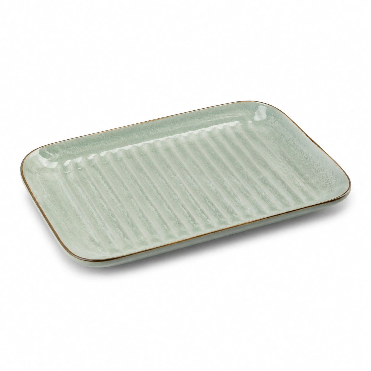 Piatto rettangolare 30×20 cm in ceramica verde con superficie scanalata