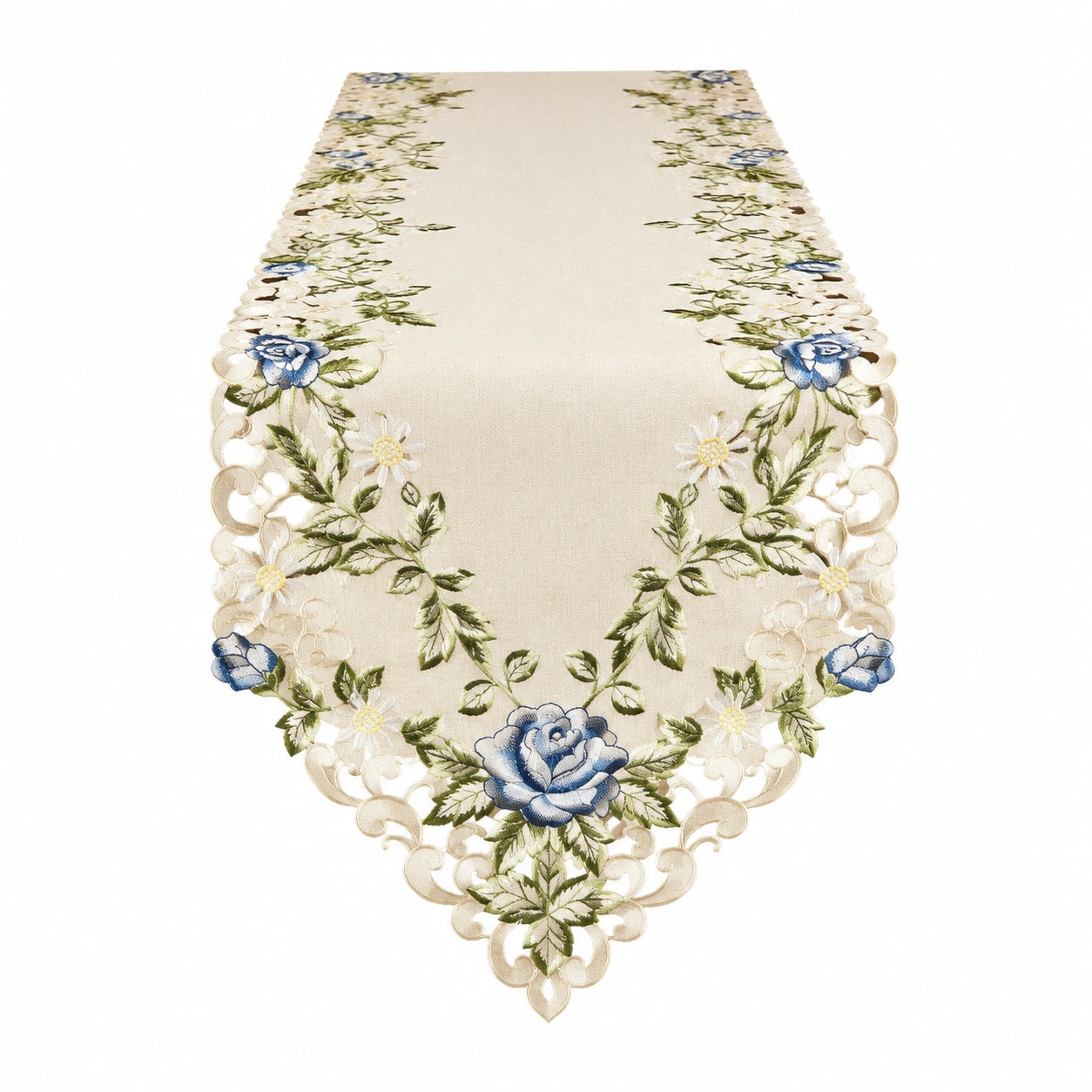 Runner da tavola 40 x 180 cm in poliestere beige con ricamo floreale stile classico