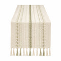 Runner da tavola 180 x 40 cm in tessuto beige e verde con frange - stile boho