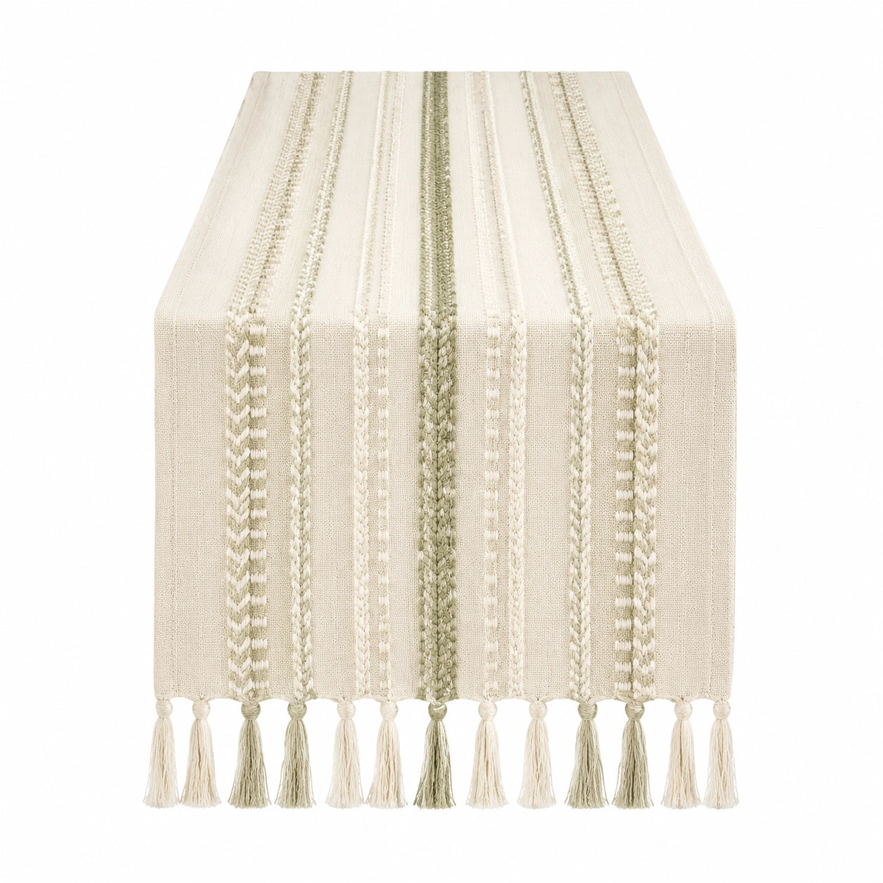 Runner da tavola 180 x 40 cm in tessuto beige e verde con frange - stile boho