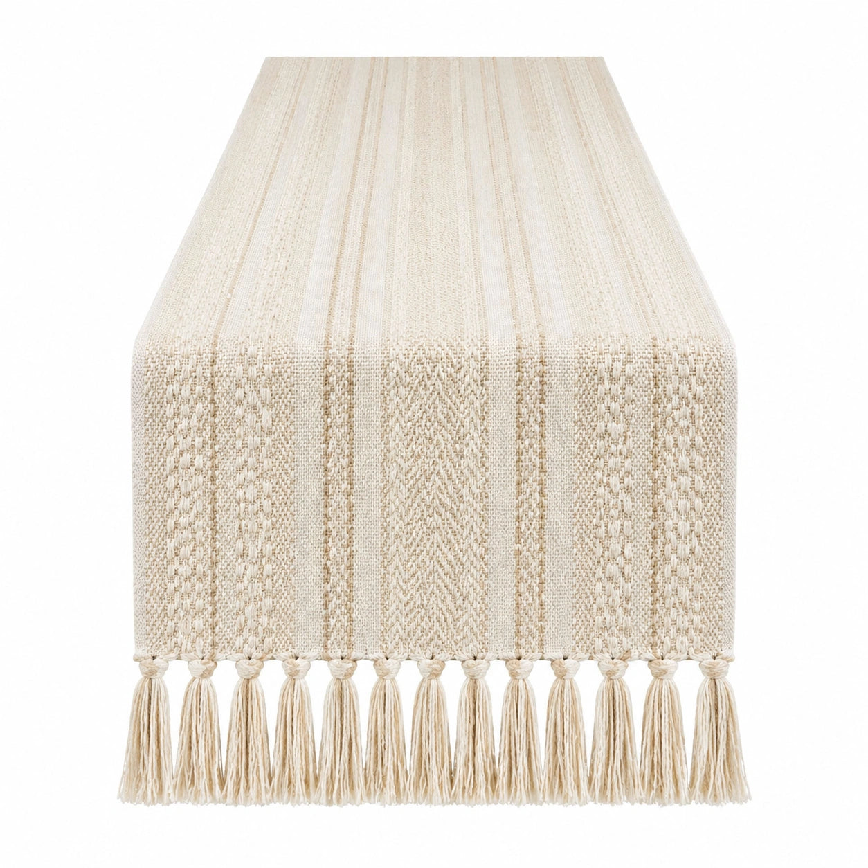 Runner da tavola 180 x 33 cm in cotone beige tessuto con frange stile rustico