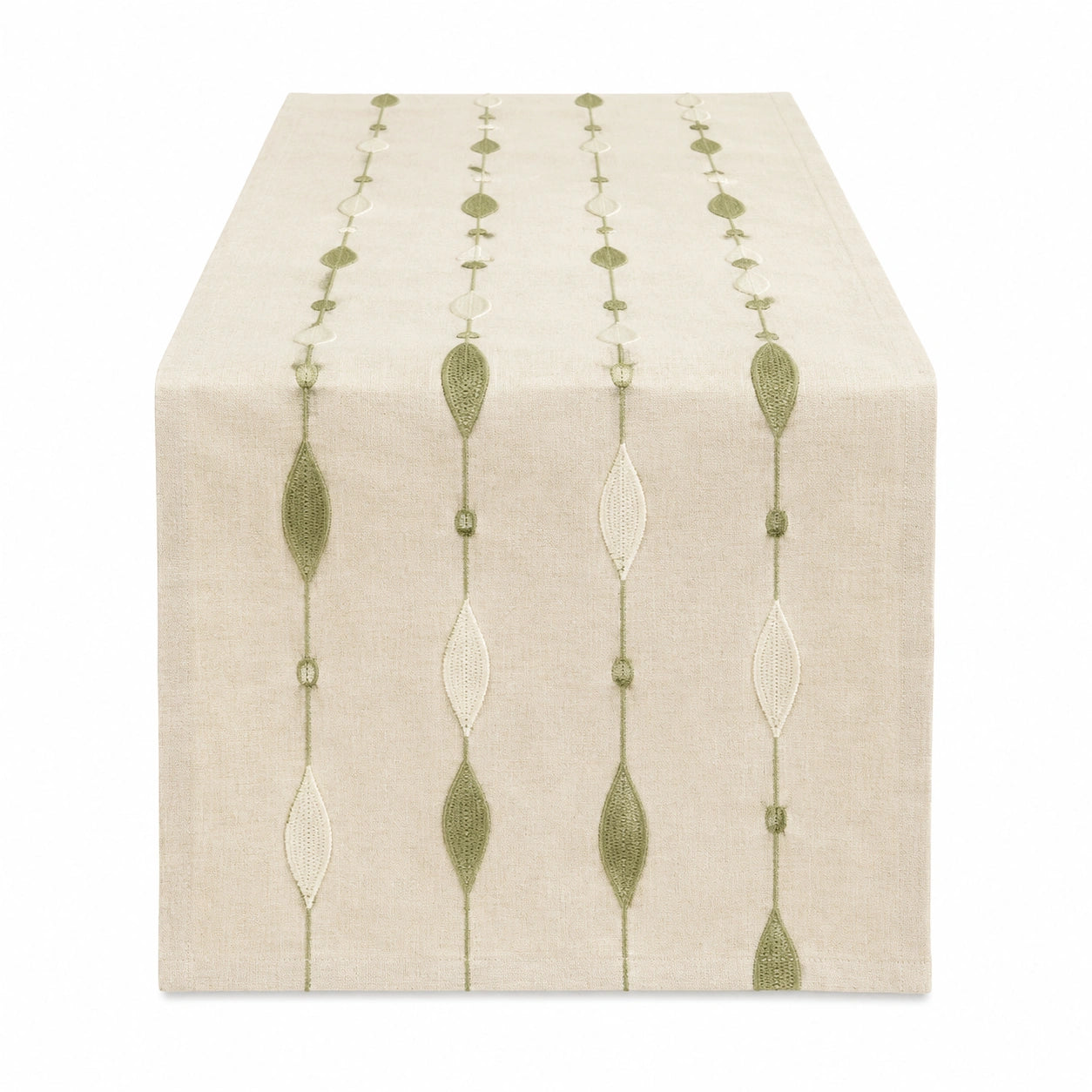 Runner da tavola 180 x 33 cm in tessuto beige e verde con ricamo a foglie