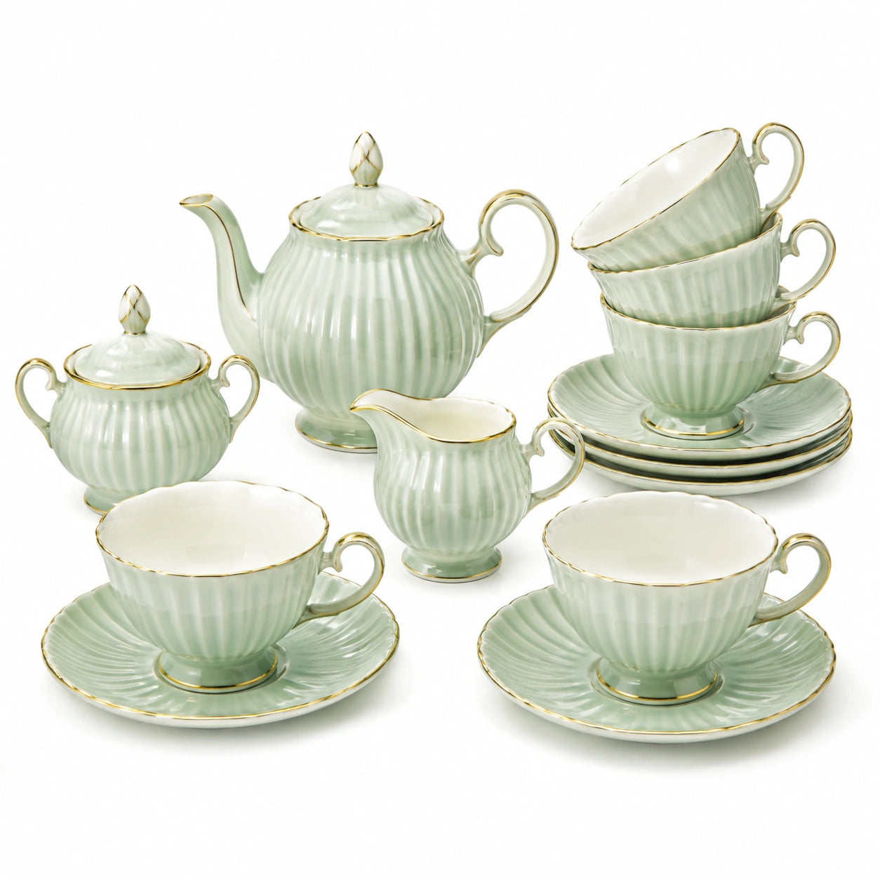 Servizio da tè 5 tazze in ceramica verde salvia e oro 1000 ml stile classico