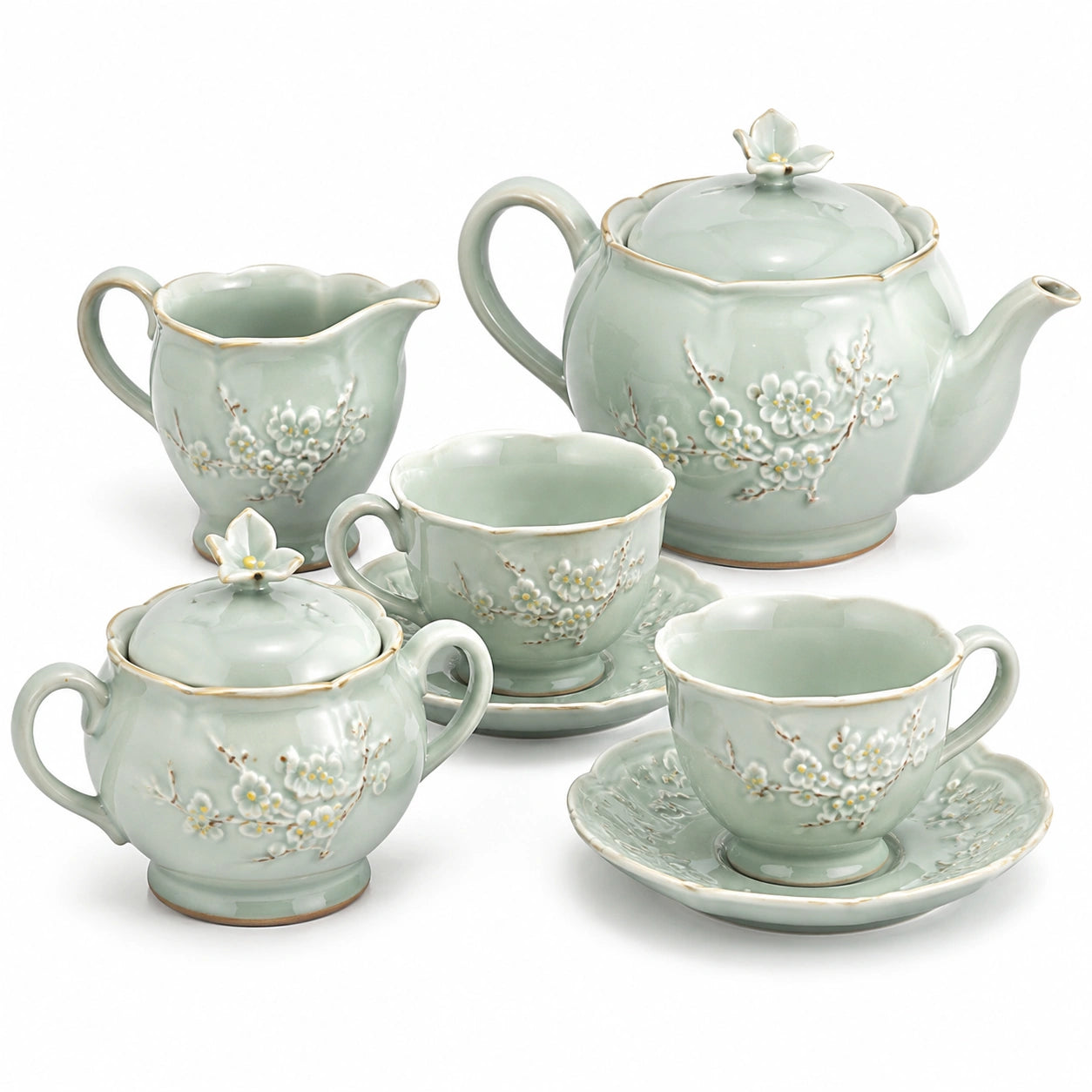 Servizio da tè 7 pezzi 24 cm in ceramica verde salvia con motivo floreale - stile classico