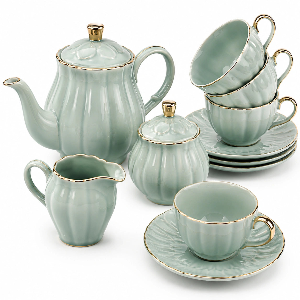 Servizio da tè in porcellana 4 persone 1200 ml verde salvia stile classico