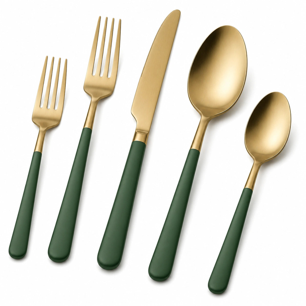 Set posate 5 pezzi in acciaio inox oro e verde con finitura satinata